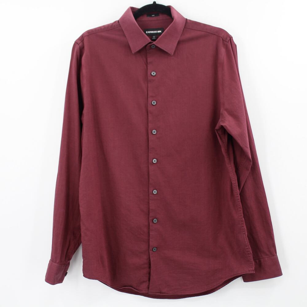 Express 1MX Slim Fitted Button Up Long Sleeve Shirt Red Stretch Medium 15-15.5